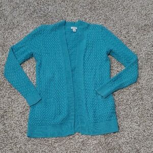 L.L. Bean Women's Cardigan Teal Blue Chunky Cable Knit Cotton Sweater Size S